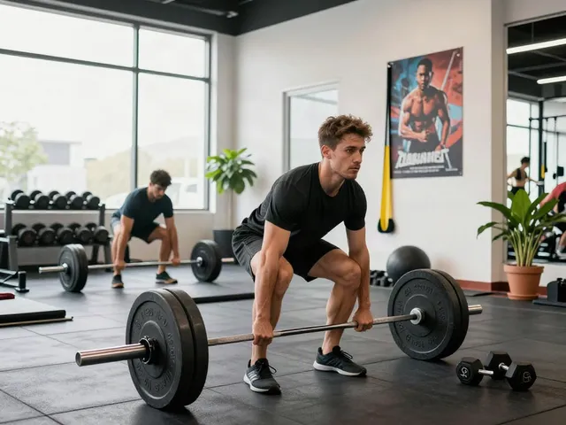 Comprare steroidi orali in a well-equipped gym, featuring an athlete focused on deadlifts, bright atmosphere, and fitness equipment.