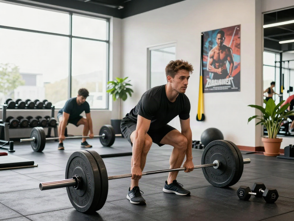 Comprare steroidi orali in a well-equipped gym, featuring an athlete focused on deadlifts, bright atmosphere, and fitness equipment.