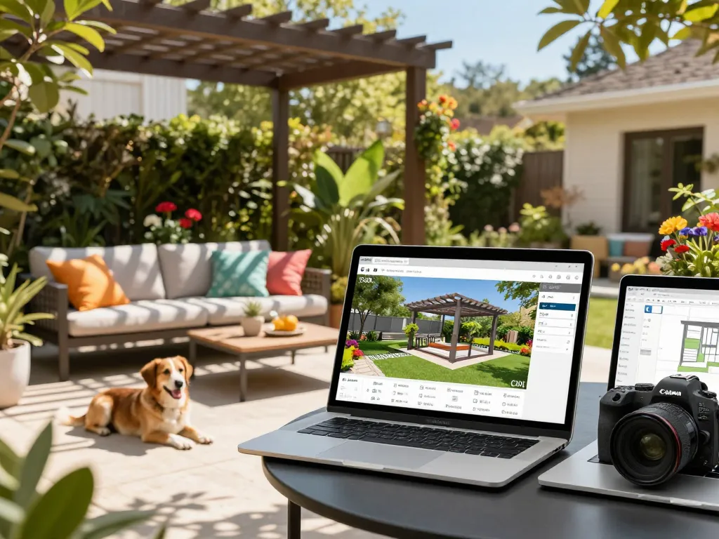 Interactive pergola configurator software displayed on a tablet, showcasing a vibrant outdoor patio design with colorful cushions and surrounding plants.