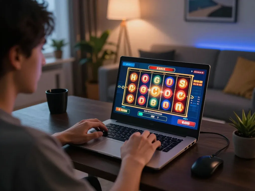 Engage with demo slot games on a laptop in a cozy home setting, showcasing online gaming excitement.