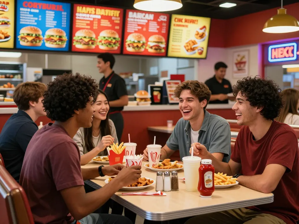 Friends enjoying a fast food menu meal in a vibrant restaurant atmosphere.