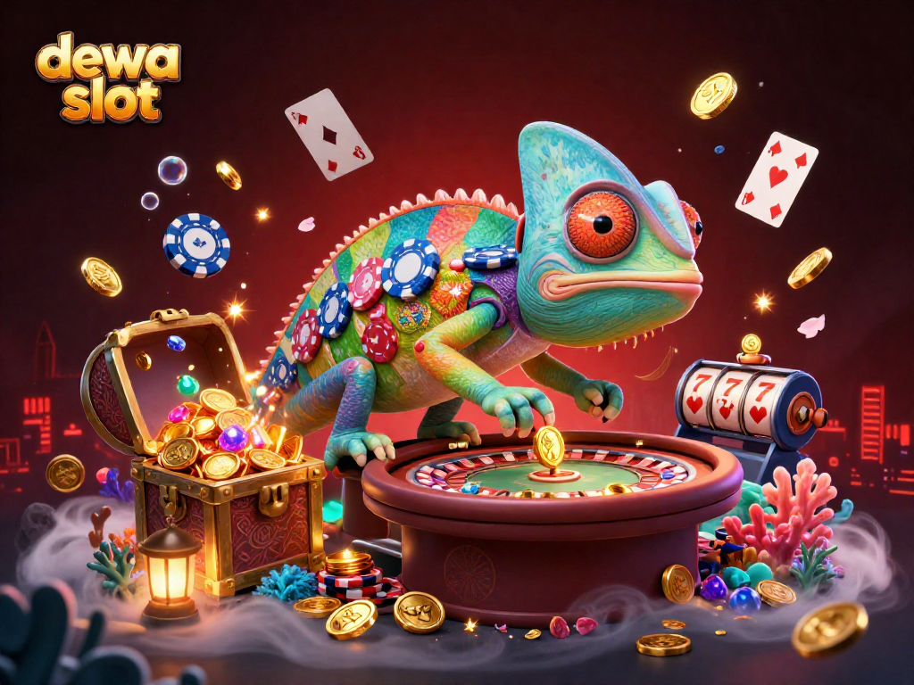 Menyaksikan slot dengan dewa slot, chameleon kasino berwarna mencolok dan harta karun di laut.