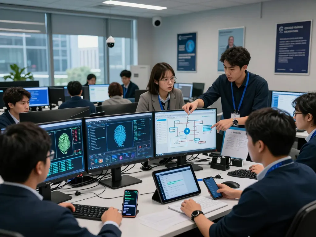 Bank analysts tackling AI Voice Fraud In Banking, showcasing teamwork in a modern cybersecurity operations center, high-tech environment, urgency, and professionalism