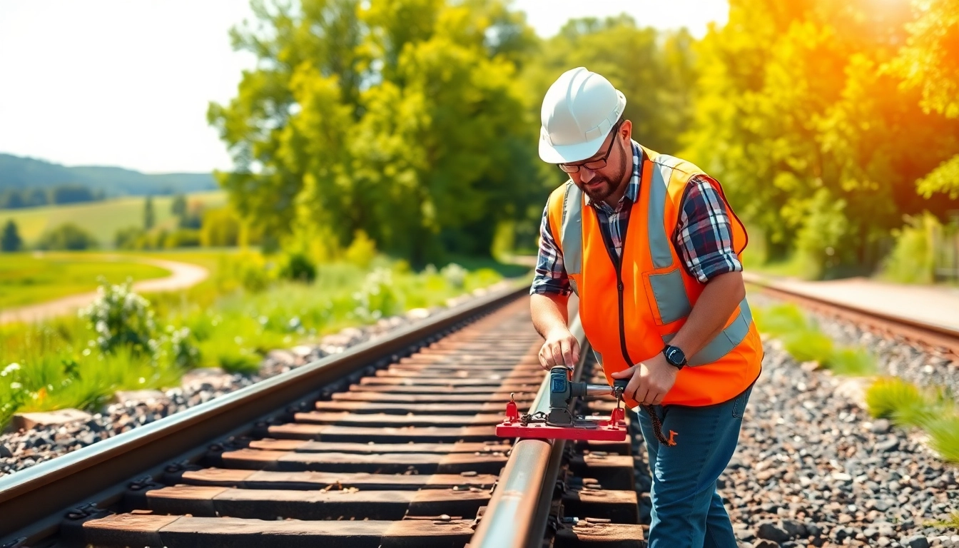 Railroad Contractors inspecting railway tracks in a scenic countryside setting.
