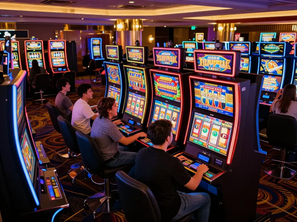 Players enjoying the excitement of the best widget store's slot machines, capturing bright digital displays and thrilling moments