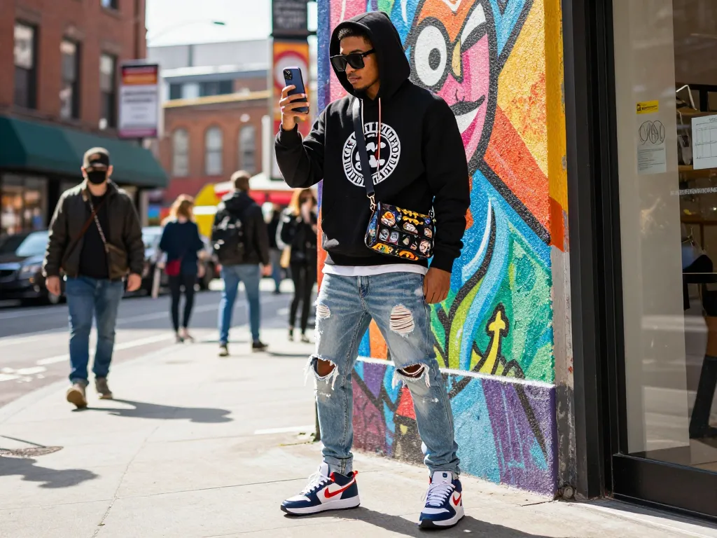 Fashion model showcasing stylish 레플리카 streetwear in an urban setting