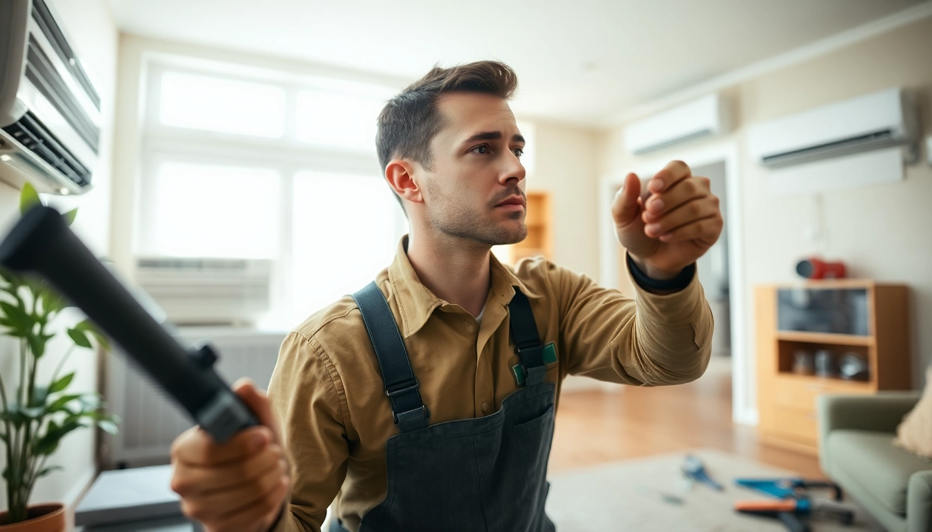 Assessing emergency HVAC repair with a technician in a modern home setting.