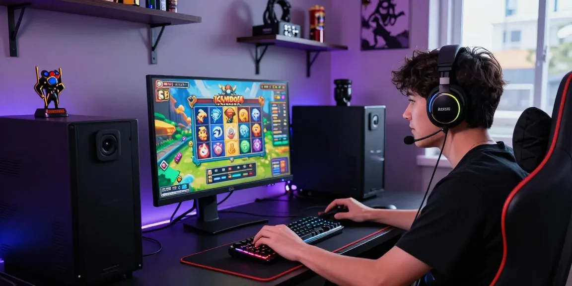 Engaged player enjoying kamboja slot game at a vibrant gaming setup, showcasing immersive atmosphere and stylish gaming gear.