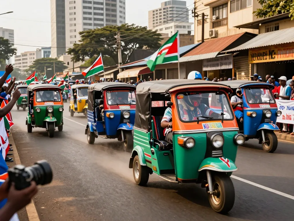 Tuk tuk motorsport Kenya race scene with colorful tuk-tuks speeding through Nairobi's vibrant streets, showcasing local culture and excitement.