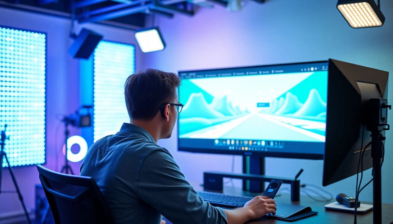 Creating video content with Veo in a modern studio setting with vibrant lighting.