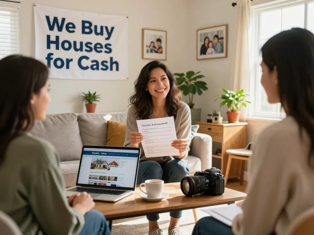 We buy houses for cash scene showing a homeowner receiving an offer from a smiling agent in a sunny living room.