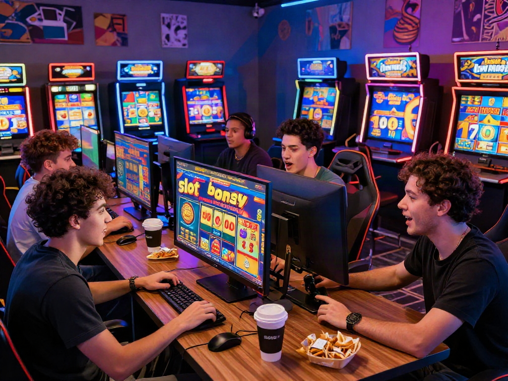 Excited friends discussing slot bonus new member 100 during an online gaming session.