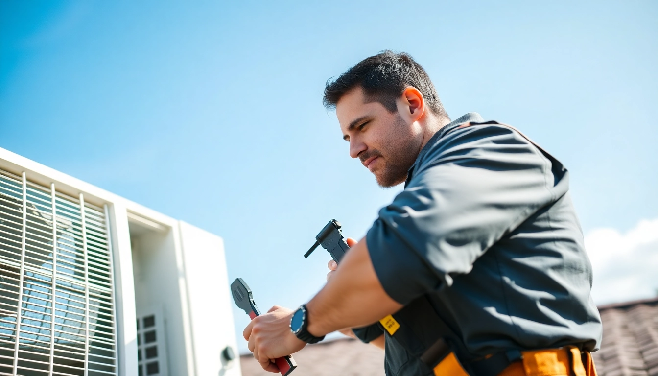 Technician performing HVAC Repair Tampa on a rooftop unit with the Tampa skyline in the background.