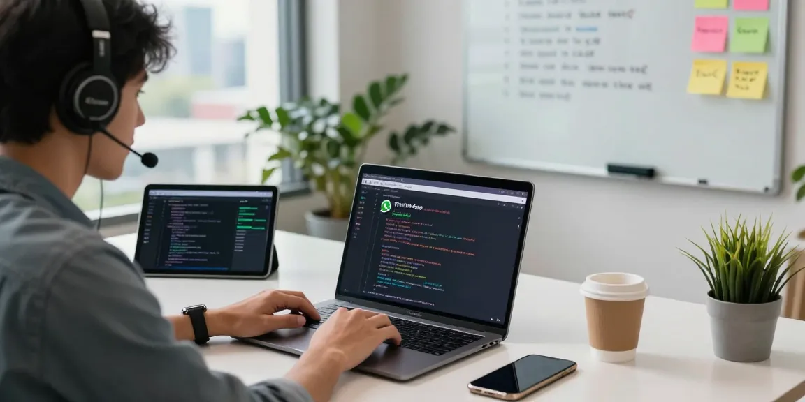 WhatsApp下載 mobile app development workspace with coding on laptop, vibrant cityscape view, and creative ambiance.