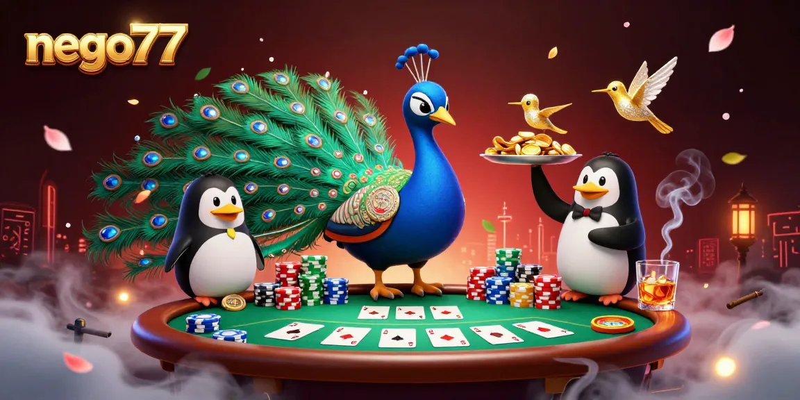 Engage in thrilling gameplay with nego77 at this vivid poker scene showcasing a majestic peacock, golden chips, and vibrant elements.