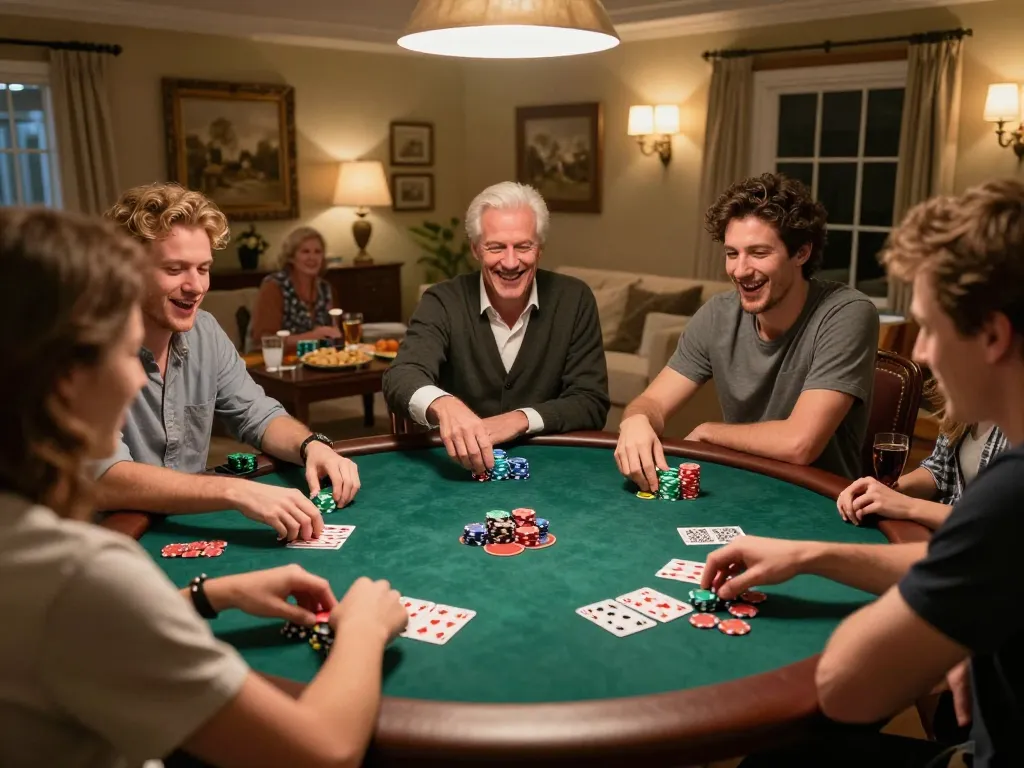 Okwintv engaging poker game at home with players placing bets and reacting.