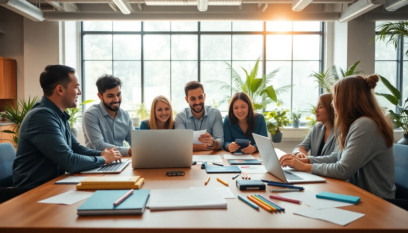 Webflow Agentur team collaborating creatively in a modern workspace with dynamic energy.