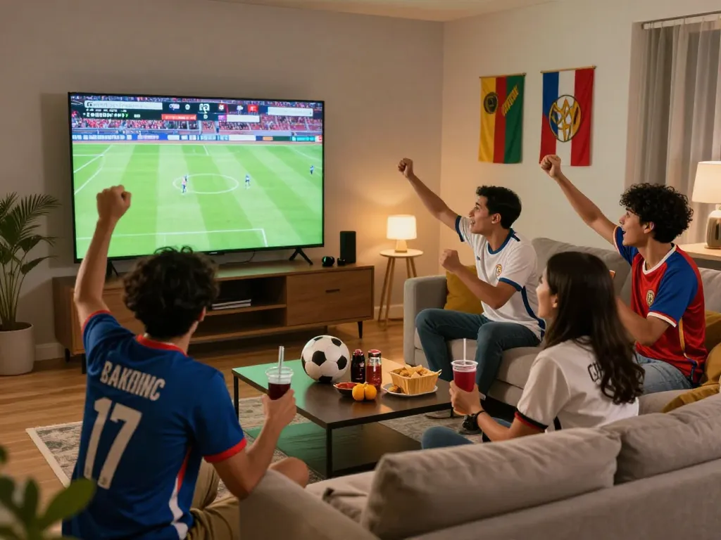 Cakhiatv soccer fans enjoying a live game in a cozy living room setting with snacks and drinks.