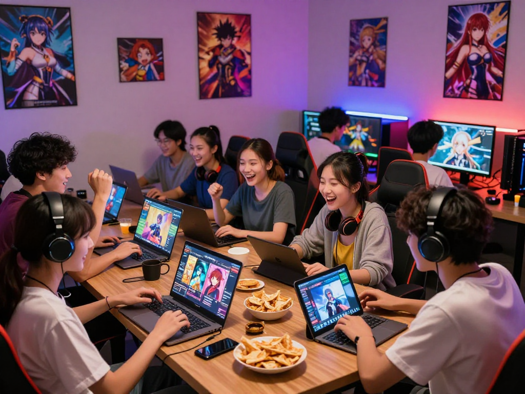 Engaging group of friends playing hentai games online in a vibrant gaming lounge.