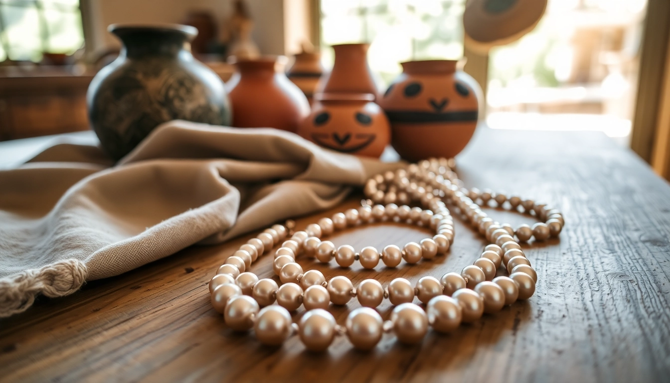 Navajo Pearls Canada necklace artfully arranged on a rustic table highlighting its beauty.
