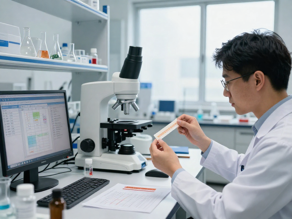 Scientist examining buccal strips while analyzing BPC 157 side effects in a modern lab.