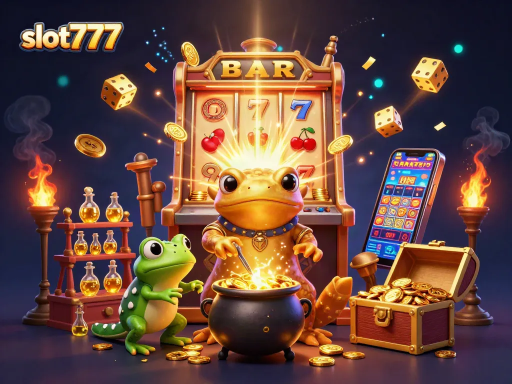 Slot777 menunjukkan petualangan yang mengasyikkan dengan alchemist, tikus, dan mesin slot yang mengeluarkan koin emas.