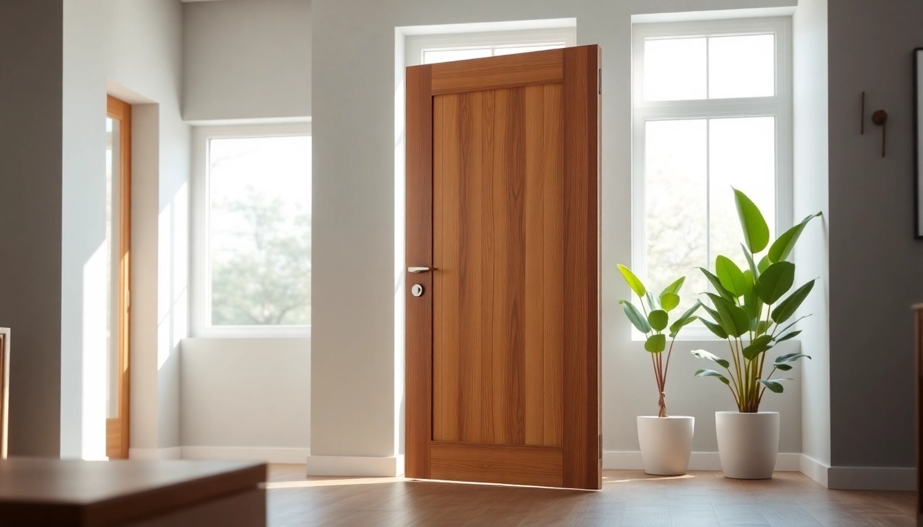 Showcasing a beautiful single leaf swing door with wooden finish in a modern home setting.