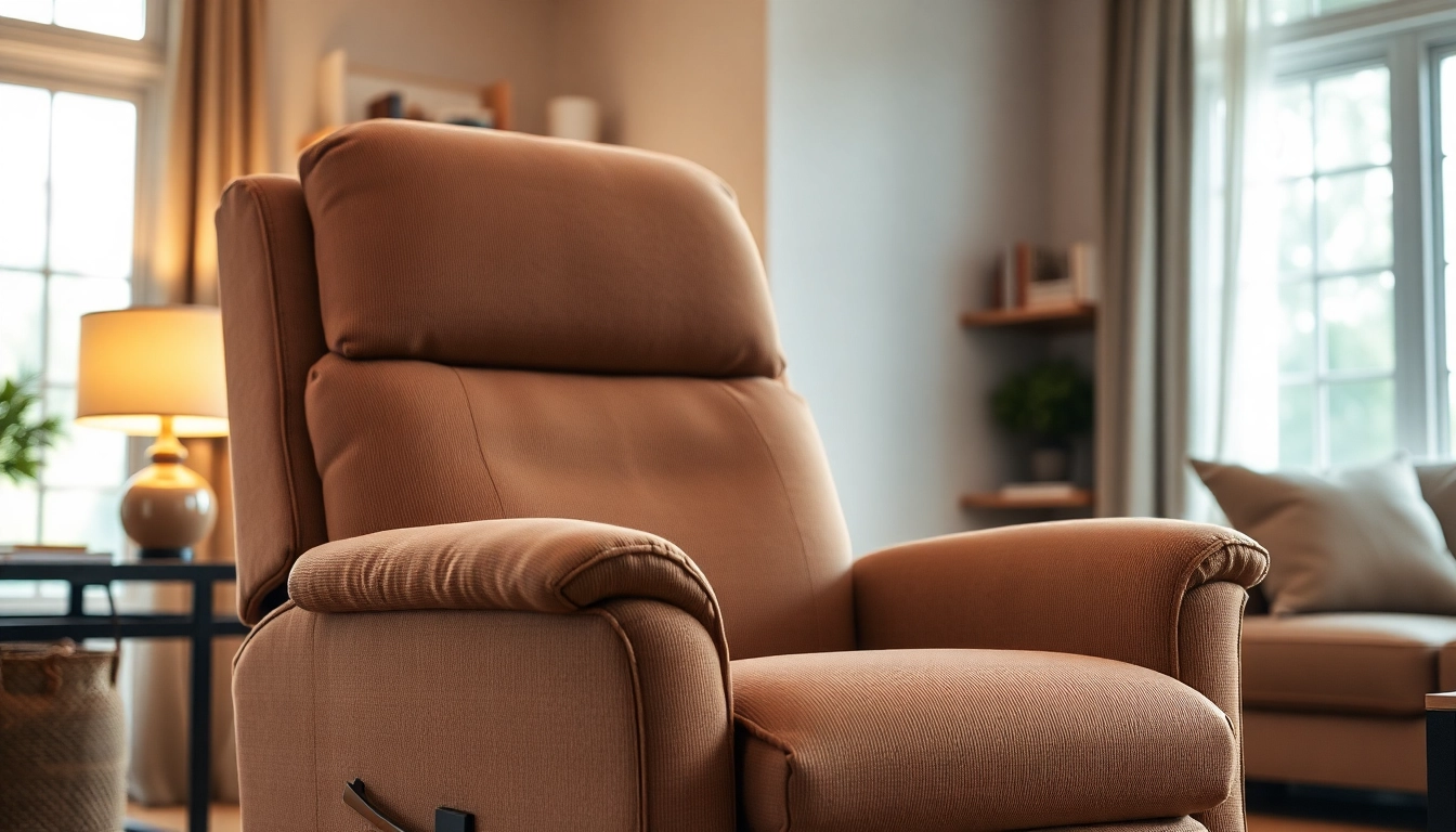 Relaxing in a lift chair recliner with heat and massage in a stylish living room setting.
