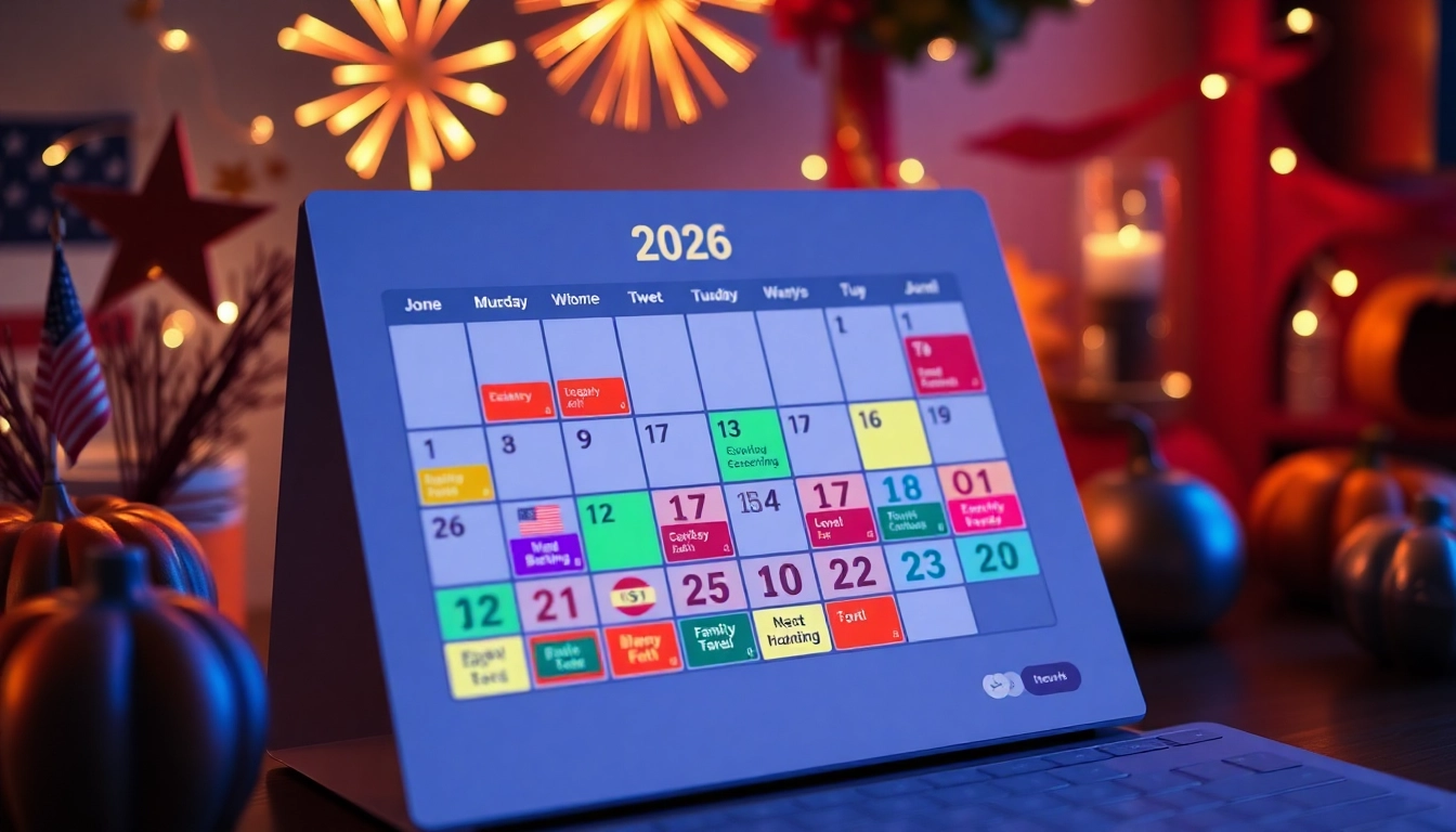 Calendar with holidays for 2026, showcasing vibrant U.S. celebrations and national observances.