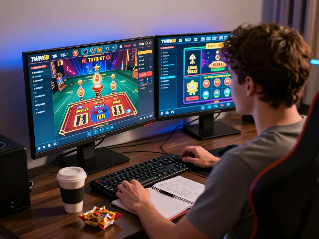 TWIN68 player engaged in online gaming with vibrant dual screens displaying exciting casino action
