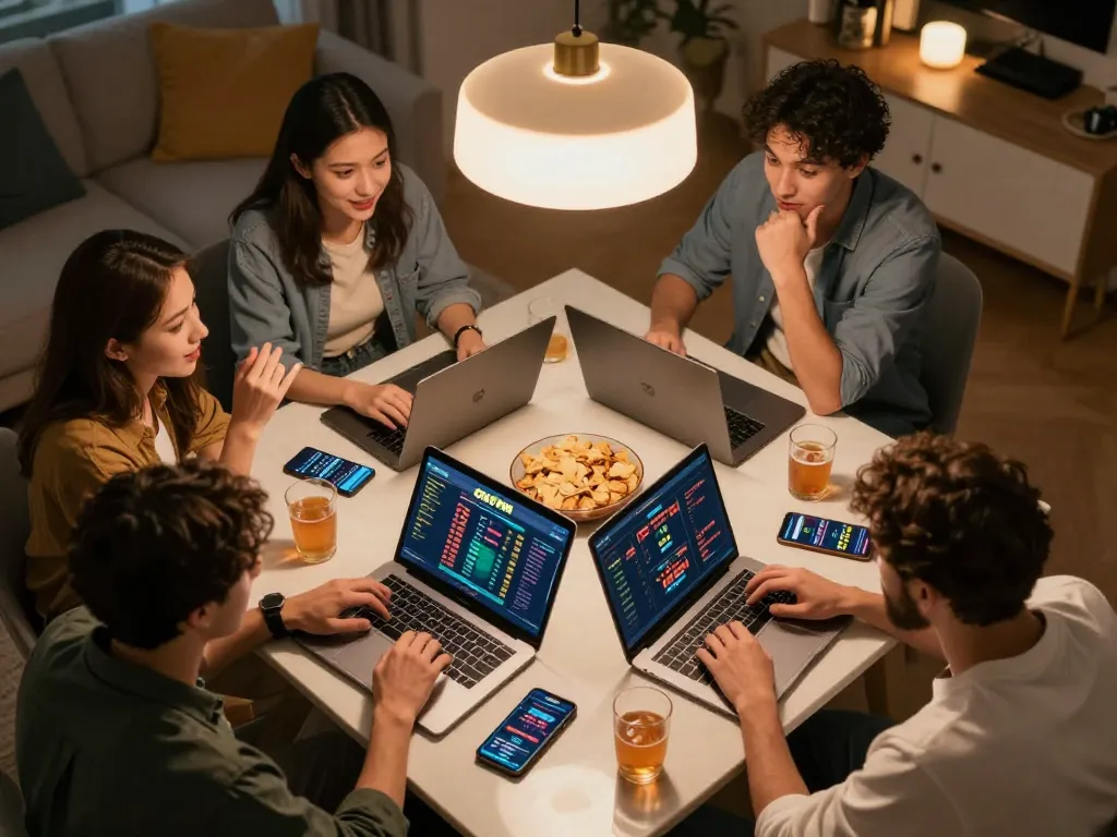 Friends placing bets on the OKFUN platform in a lively home setting, showcasing competitive sports betting.