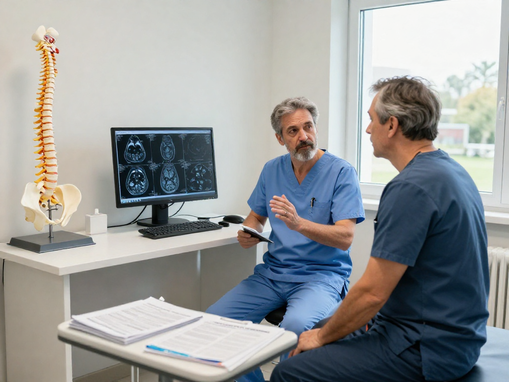 Discussing dar kanal ameliyatı with a patient in a medical consultation room.