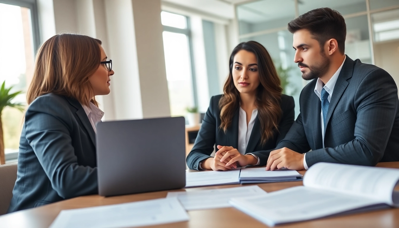 Engaged couple reviewing Family Law Financial Agreements at a modern office desk.