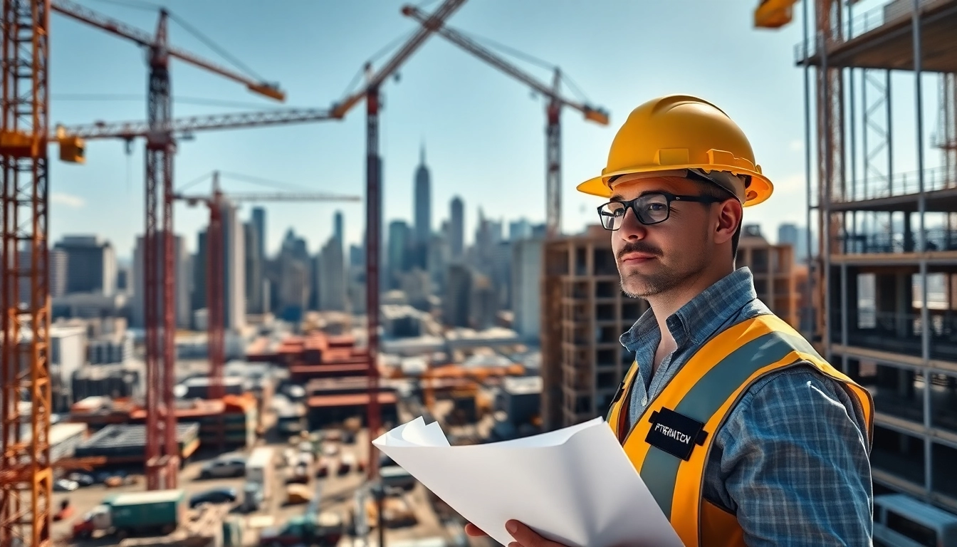 Manhattan Construction Manager leading a team on a vibrant construction site with a skyline background.