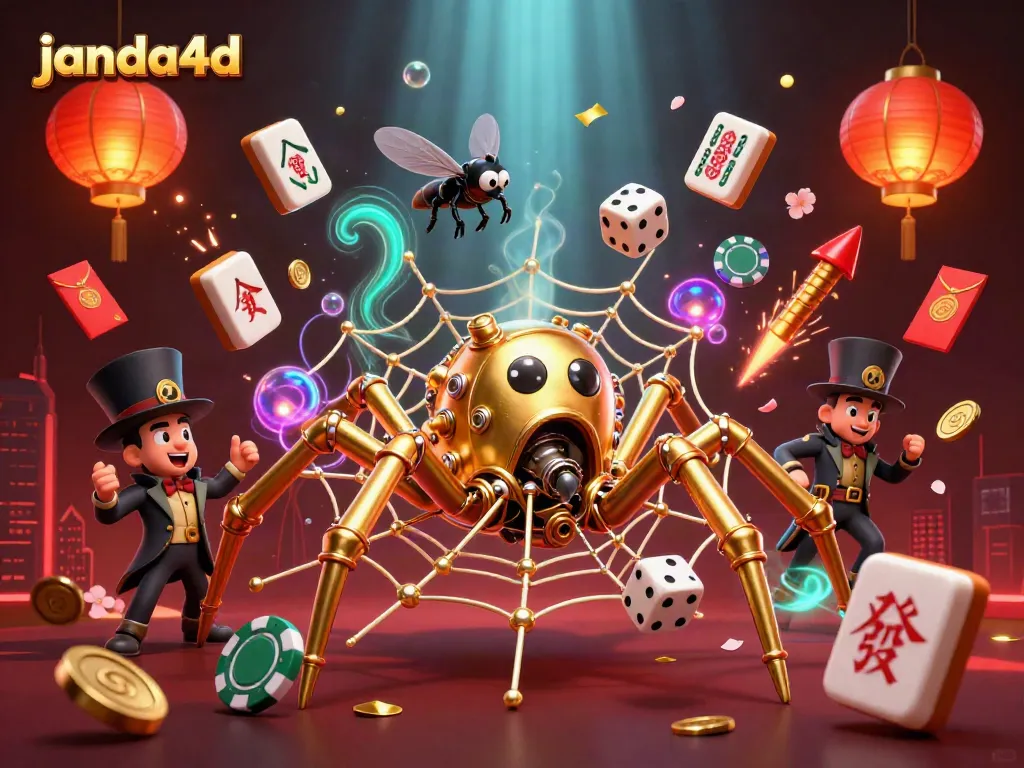 janda4d menghadirkan ilustrasi 3D dengan laba-laba steampunk menangkap dadu beruntung dan elemen perjudian lainnya.