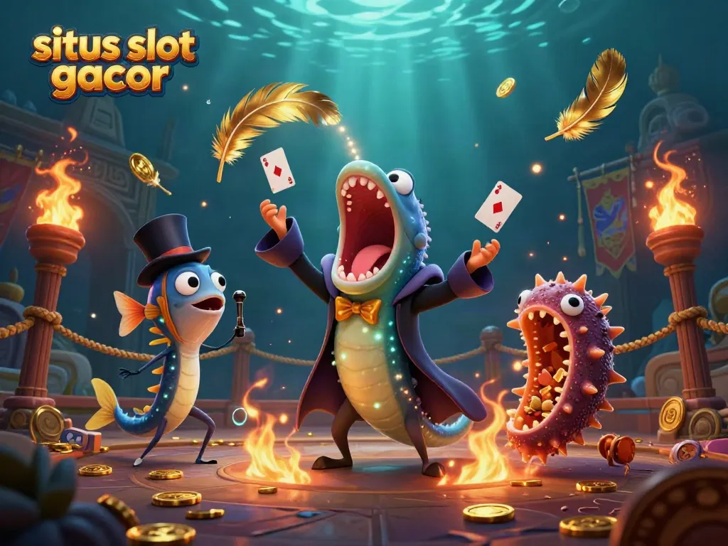 Gambarkan keseruan bermain situs slot gacor dengan makhluk laut yang melakukan trik sulap dan elemen permainan menarik.