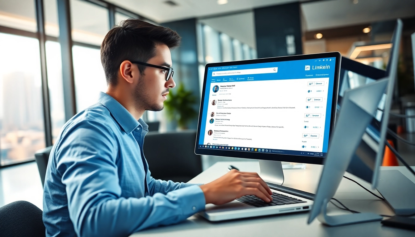 Analyze data with a linkedin search scraper tool on a computer in a bright office setting.