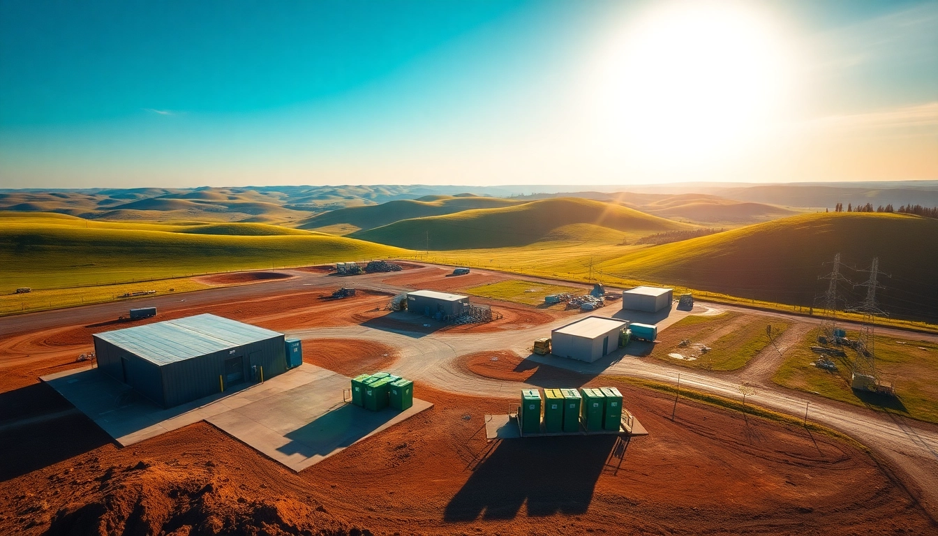 Visual representation of cold lake landfill with waste management facilities in an eco-friendly setting.