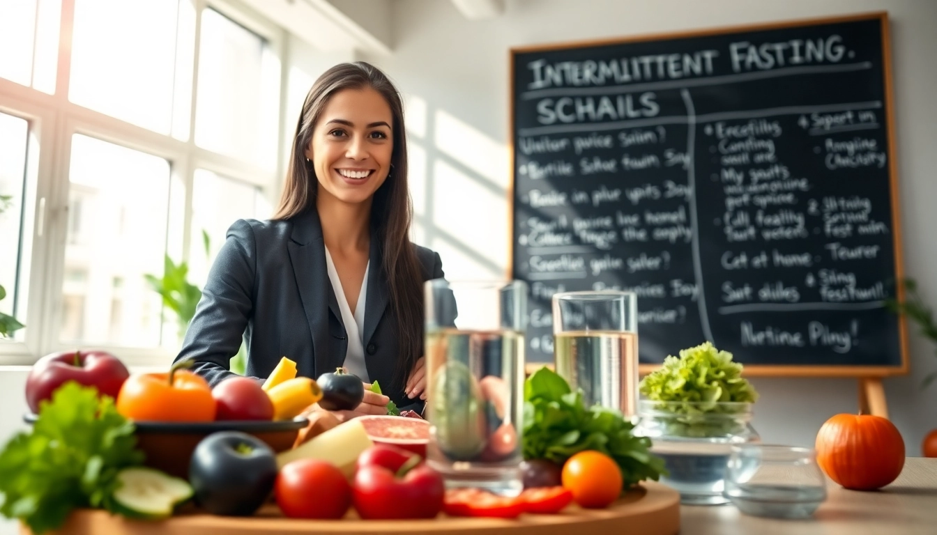 Nutritionist discussing intermittent fasting benefits with healthy food display.