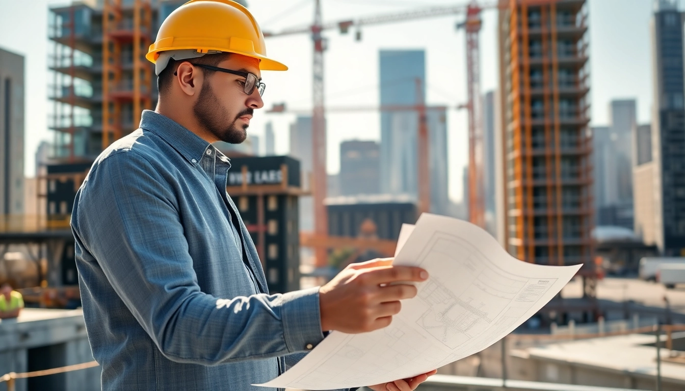 Manhattan Construction Manager examining blueprints at a busy construction site.