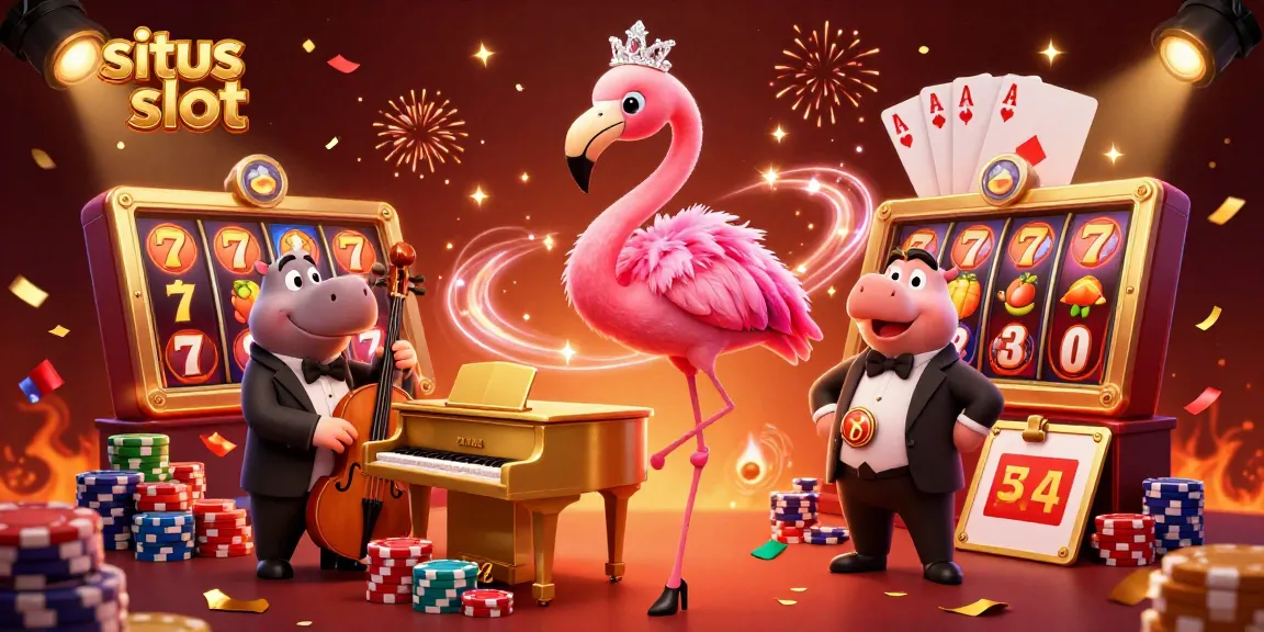 Menyusuri situs slot dengan keberuntungan, diiringi flamboyan flamingo dan bassis hippo, penuh simbol buah dan jackpot menyala.