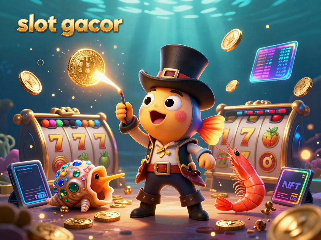 Slot gacor menarik peluang emas dengan karakter ikan dalam topi dan simbol jackpot yang berkilau.