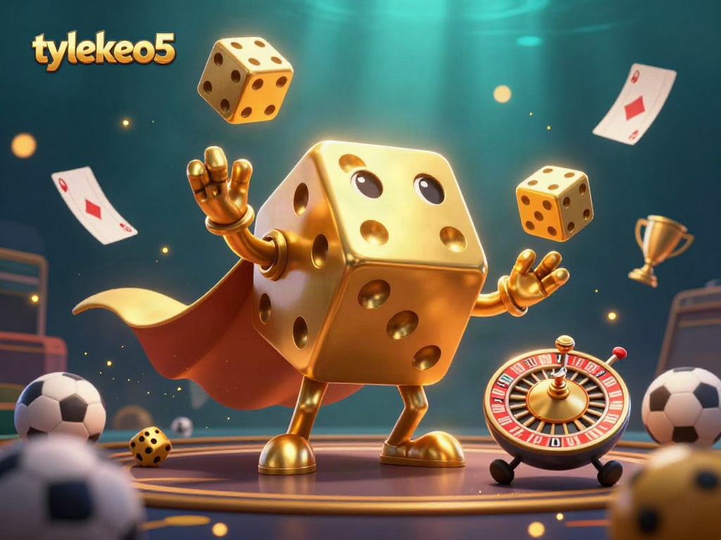 Betting action with tylekeo5's golden dice golem character juggling in a vibrant sports gambling scene.