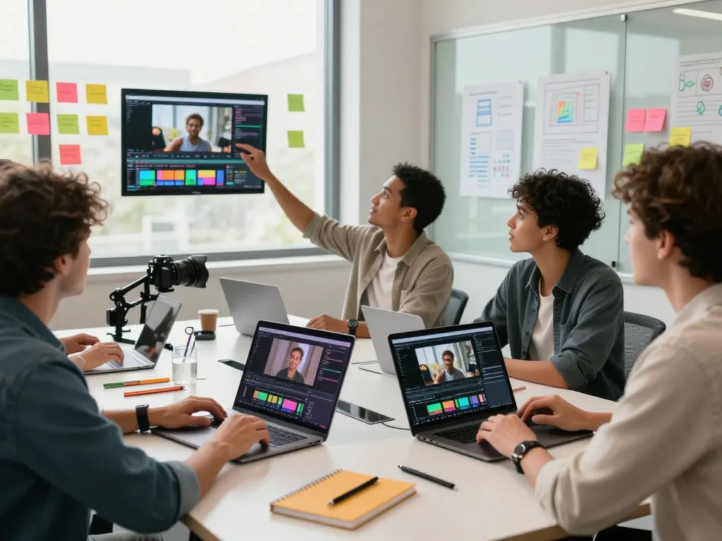 Creative team using video to prompt technology in a modern office environment.
