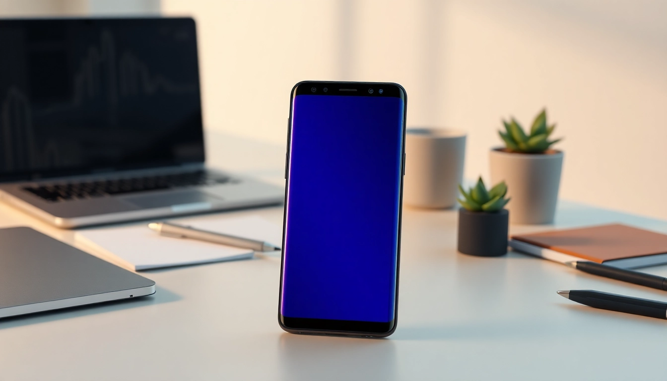 Samsung Galaxy S8 displayed on a modern desk with ambient lighting, showcasing its vibrant screen.