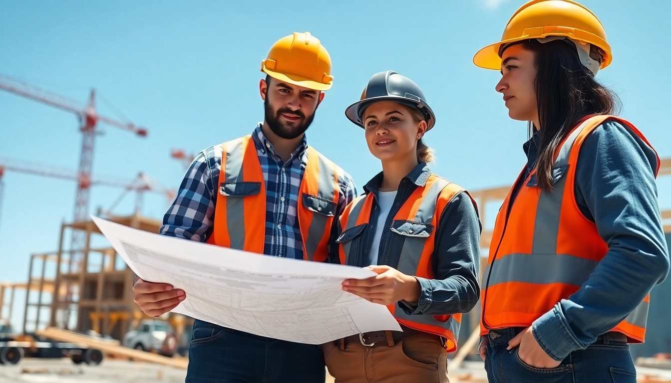 Construction apprenticeship teamwork in a vibrant job site with workers discussing plans.