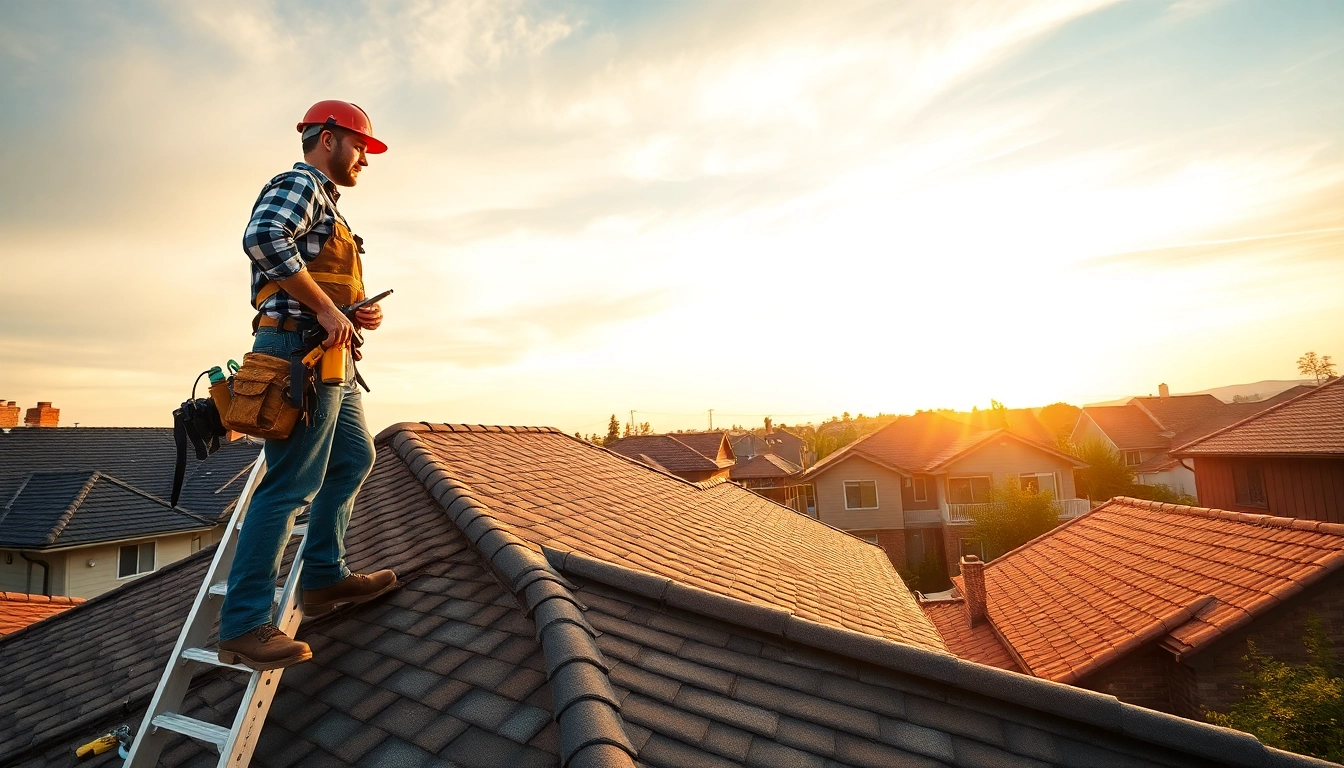 Roofing contractor examining a roof, demonstrating skilled craftsmanship and attention to detail.