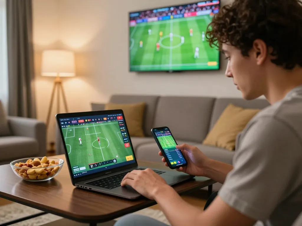 KQBD displayed prominently on a laptop while a person analyzes game statistics in a cozy home sports betting setup.