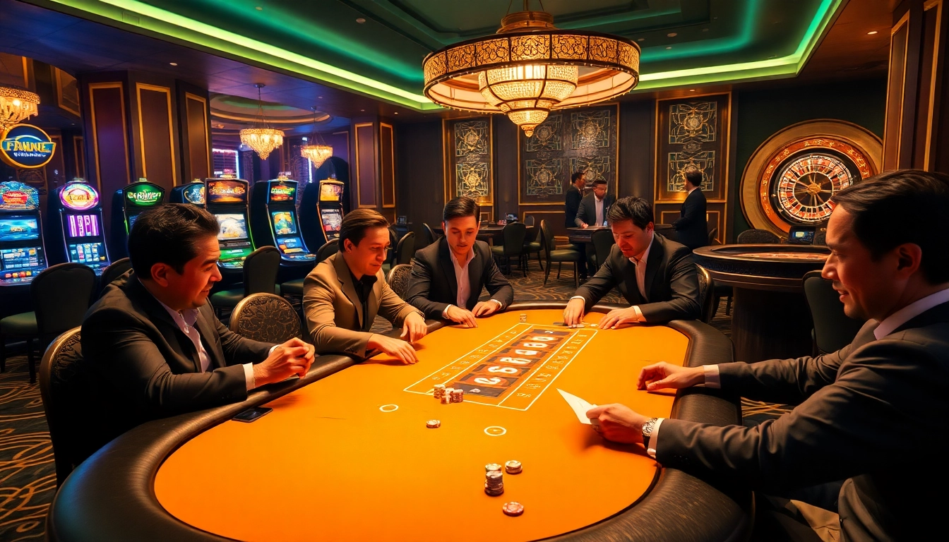 Excited players engaging in poker at ketquabongda.eu.com's luxurious casino setting with vibrant slot machines.