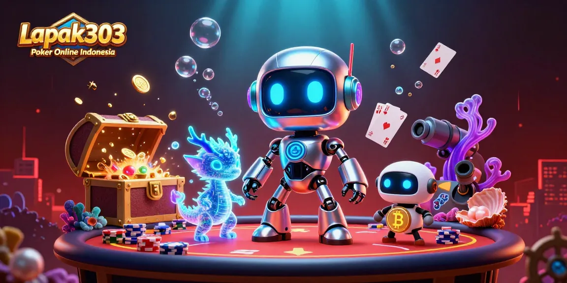 Experience thrills with Lapak303 Poker Online Indonesia, featuring a vibrant 3D casino scene.